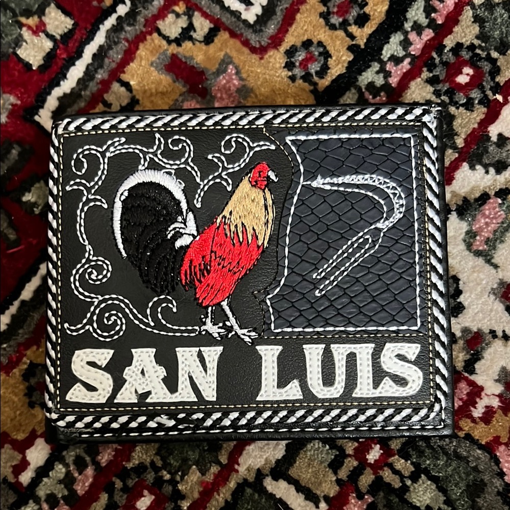 San Luis Potosí Black Leather Wallet with Rooster Design